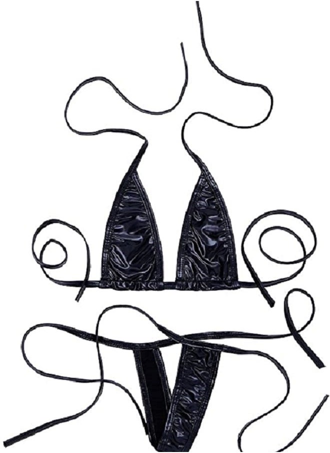 Generic - 2 Piece Shiny Faux Leather Non-Padded Halter Triangle Tie Side  Bikini Set - Image 1