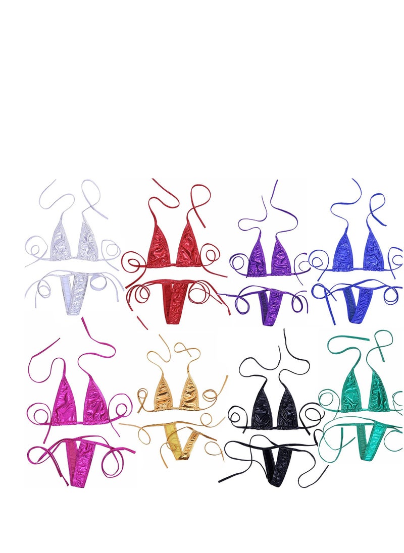 Generic - 2 Piece Shiny Faux Leather Non-Padded Halter Triangle Tie Side  Bikini Set - Image 1