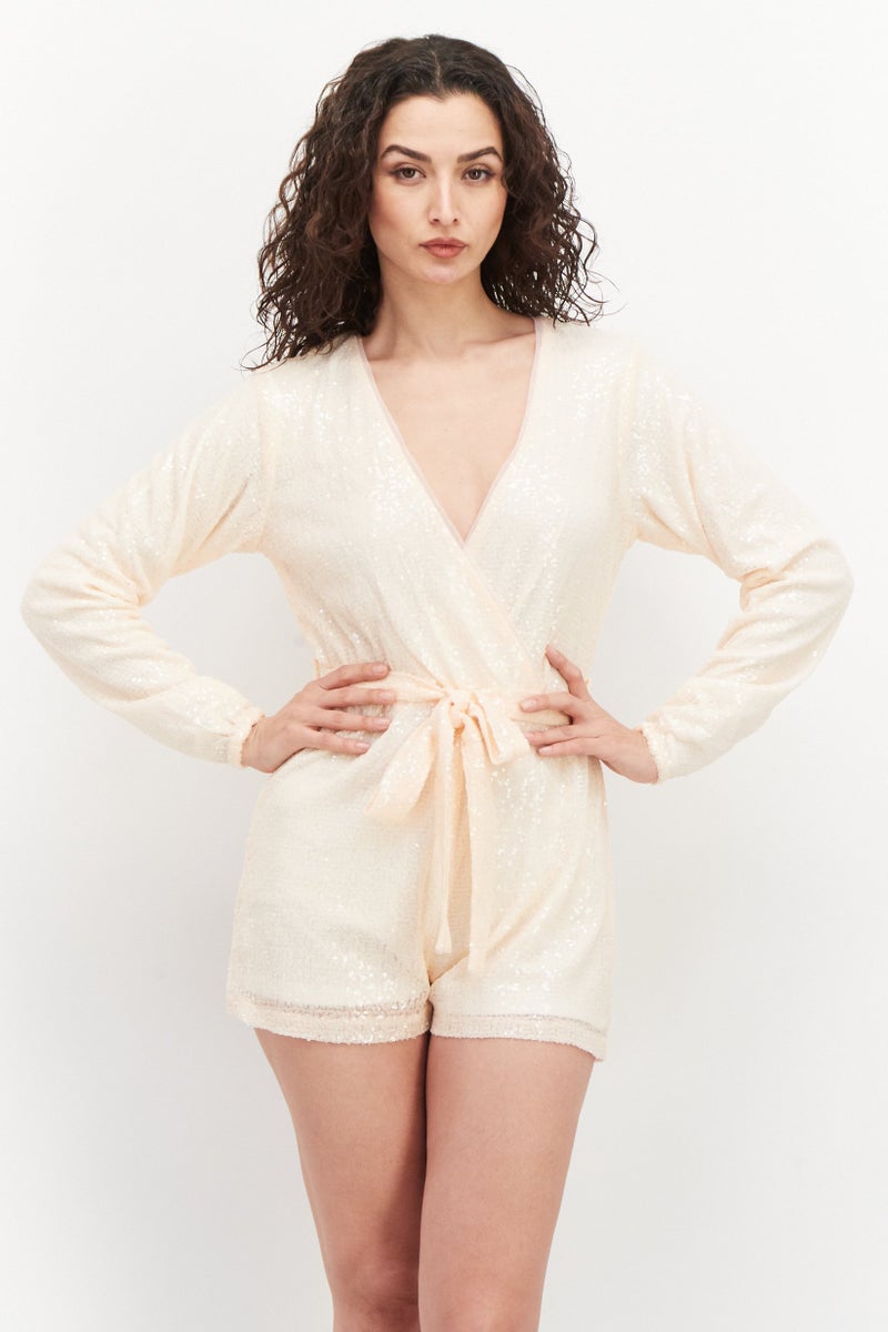 In the style Women Sequined Long Sleeve Playsuit, Peach - Image 1