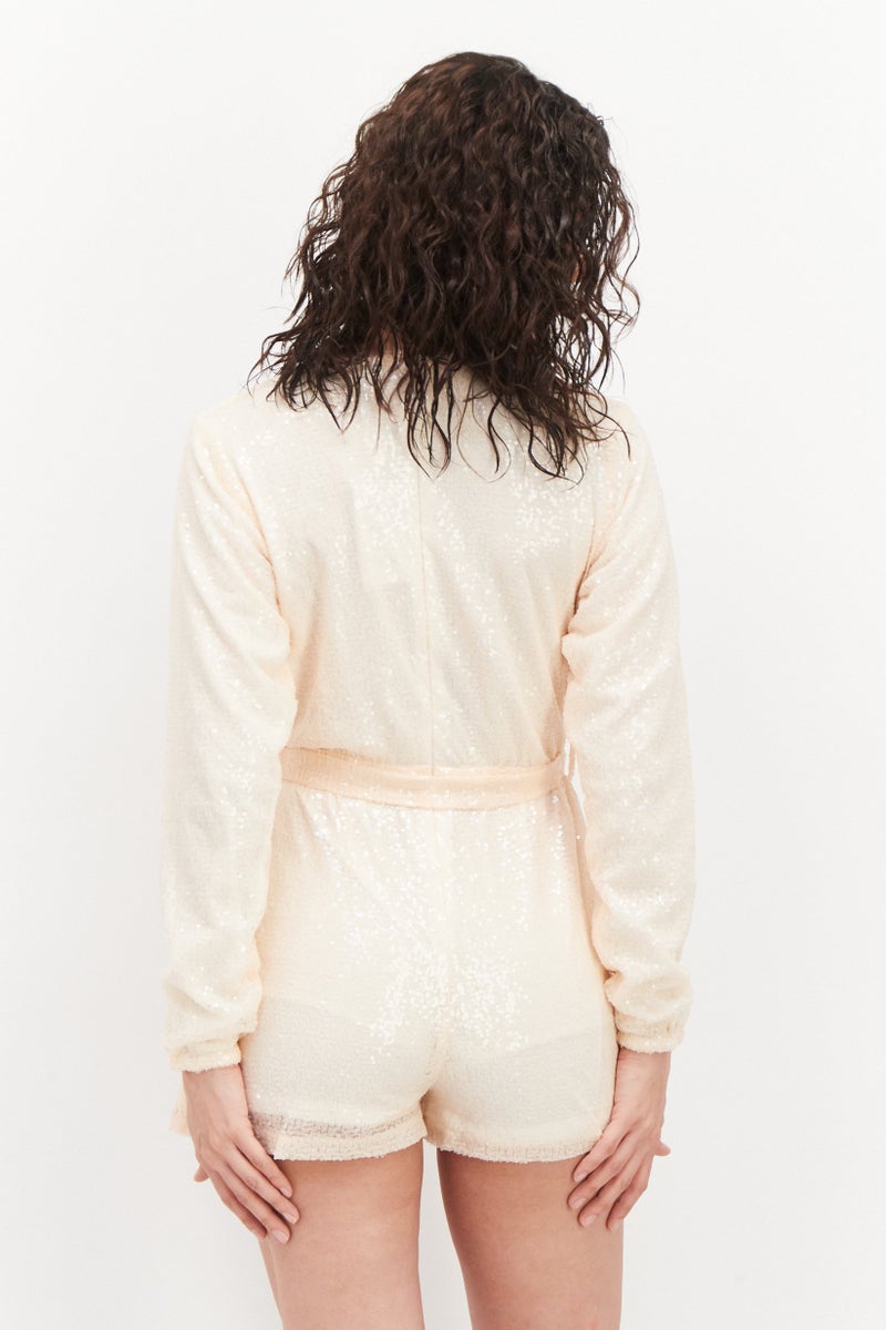 In the style Women Sequined Long Sleeve Playsuit, Peach - Image 4