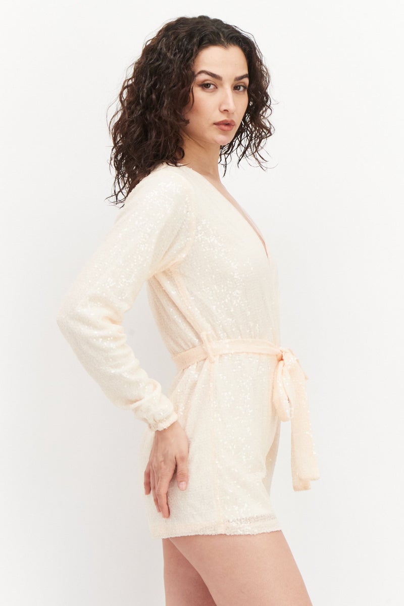 In the style Women Sequined Long Sleeve Playsuit, Peach - Image 2