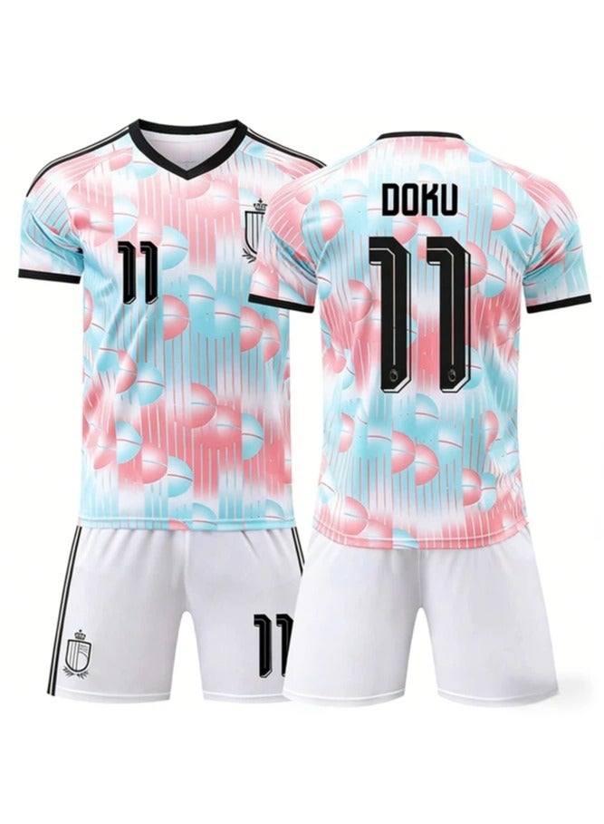 عام طقم قميص بلجيكا الخارجي لكأس العالم 2026 مع شورت، رقم 11 جيريمي دوكو، زي كرة قدم قصير الأكمام، مقاسات متعددة للكبار - Image 1