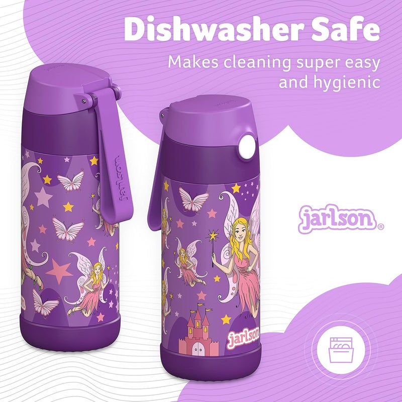 Jarlson جارلسون - قارورة مياه أطفال فولاذية مقاومة للصدأ – 350 مل – خالية من BPA – مع قشة – للمدرسة والرياضة ورياض الأطفال (جنية 2، 350 مل) - Image 4