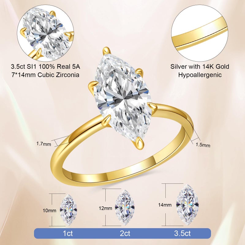 AVECON 3.5CT Marquise Cut Engagement Ring for Women, Wedding Promise Cubic Zirconia Band, 14K Gold Plated Simulated Diamond Rings Size 7 - Image 3