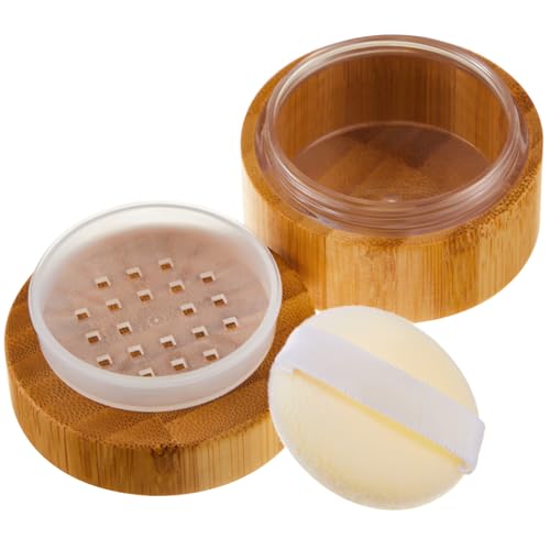 Frienda 10 ml Bamboo Loose Powder Puff and Container Empty Dusting Powder Jar for Body Face Makeup Travel Box Compact Case Holder with Sifter Lids and Puff - Image 1