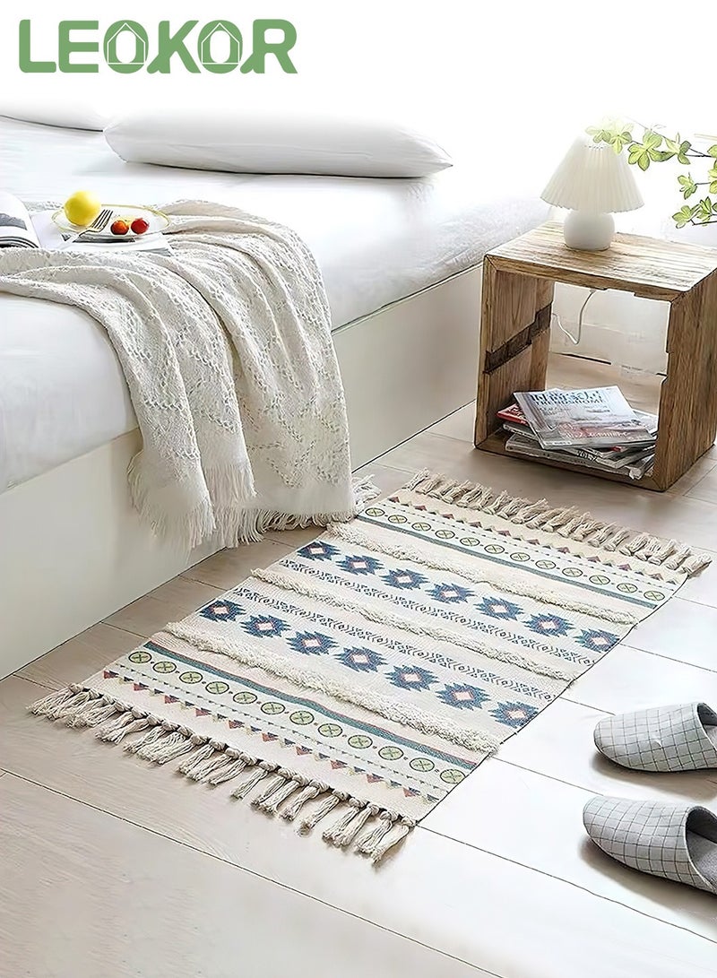 LEOKOR Floor Mat Soft Touch Hand-Woven Cotton And Linen Area Rugs Bohemian Fringed Small Rug Bedroom Modern Decor Mat 60*90cm - Image 1