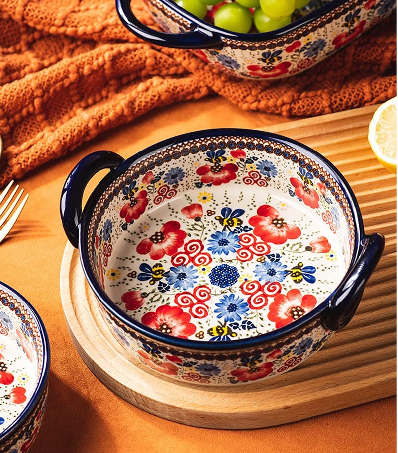 Bicuzat Vintage Flowers Style Ceramic Bakeware Casserole Dish Baking Pan Lasagna Pans Baking Dish with Handles for Oven/Cooking/Kitchen-1 PCS-Red Flowers-32 OZ - Image 4