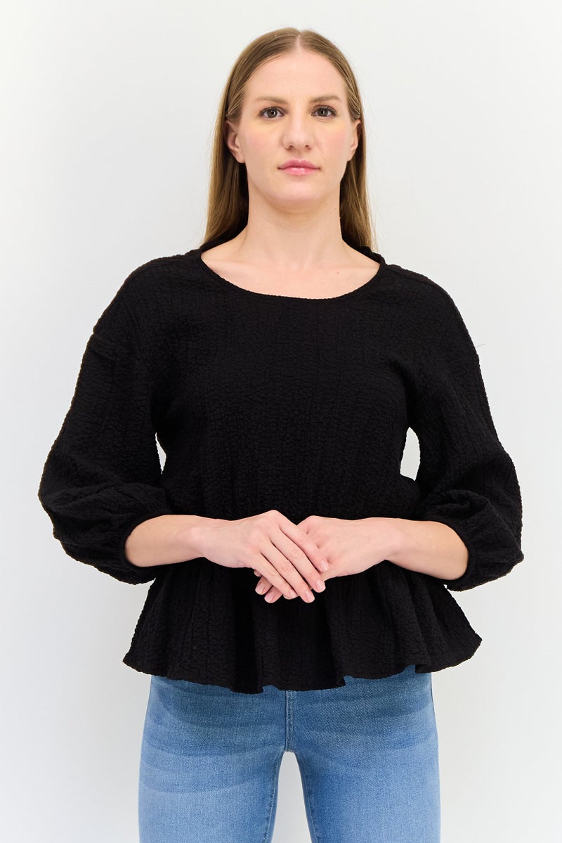 DESIGUAL Women Round Neck Long Sleeves Plain Blouse, Black - Image 1