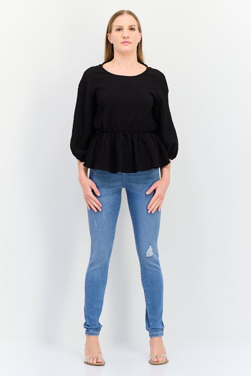 DESIGUAL Women Round Neck Long Sleeves Plain Blouse, Black - Image 4