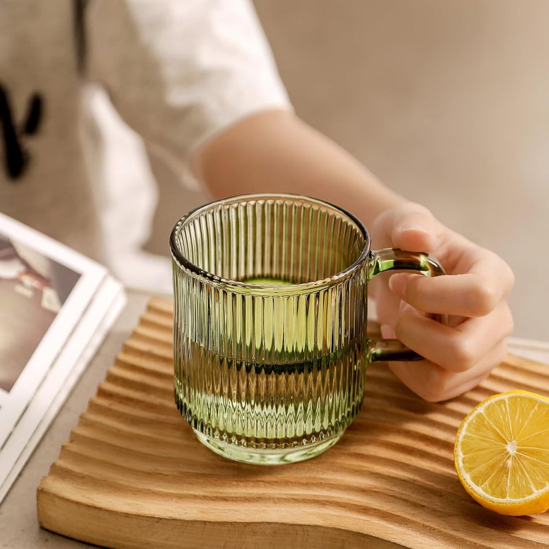 Lysenn Glass Coffee Mug with Lid - Premium Classical Vertical Stripes Glass Tea Cup - for Latte, Tea, Chocolate, Juice, Water - Lead-Free - Bamboo Lid - Lime Green - Image 3