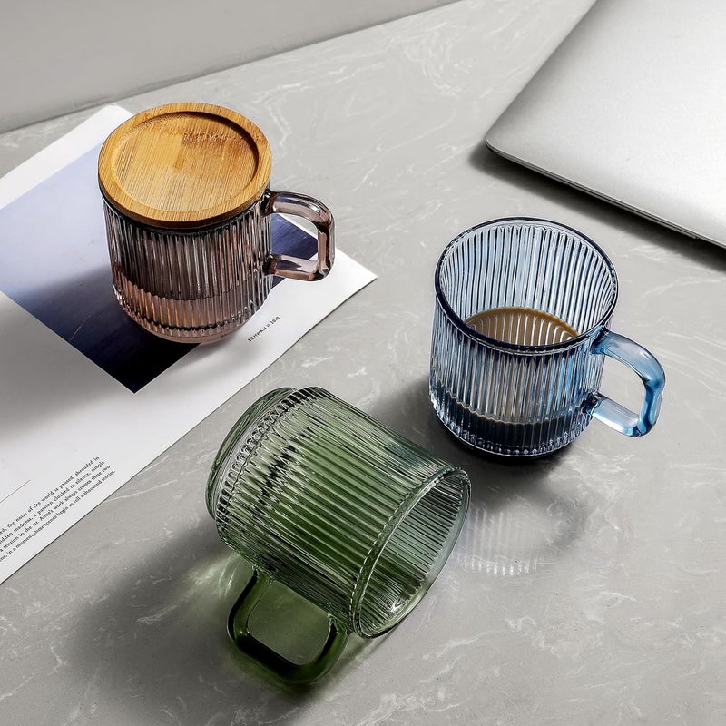 Lysenn Glass Coffee Mug with Lid - Premium Classical Vertical Stripes Glass Tea Cup - for Latte, Tea, Chocolate, Juice, Water - Lead-Free - Bamboo Lid - Lime Green - Image 4