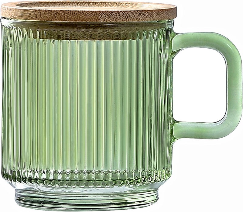 Lysenn Glass Coffee Mug with Lid - Premium Classical Vertical Stripes Glass Tea Cup - for Latte, Tea, Chocolate, Juice, Water - Lead-Free - Bamboo Lid - Lime Green - Image 1