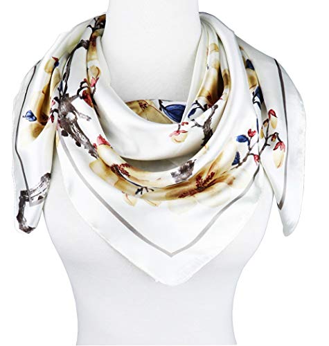 vabovin 35" Silk Like Headscarf for women fashion Pattern Large Square Satin Hair Scarf (White Flowers) - Image 3