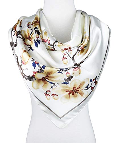 vabovin 35" Silk Like Headscarf for women fashion Pattern Large Square Satin Hair Scarf (White Flowers) - Image 2