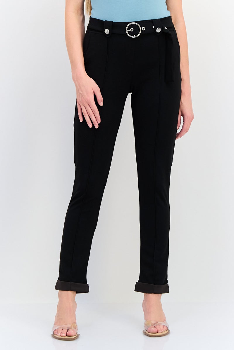 KOTON Women Regular Fit Plain Belted Skinny Leg Pants, Black - Image 1