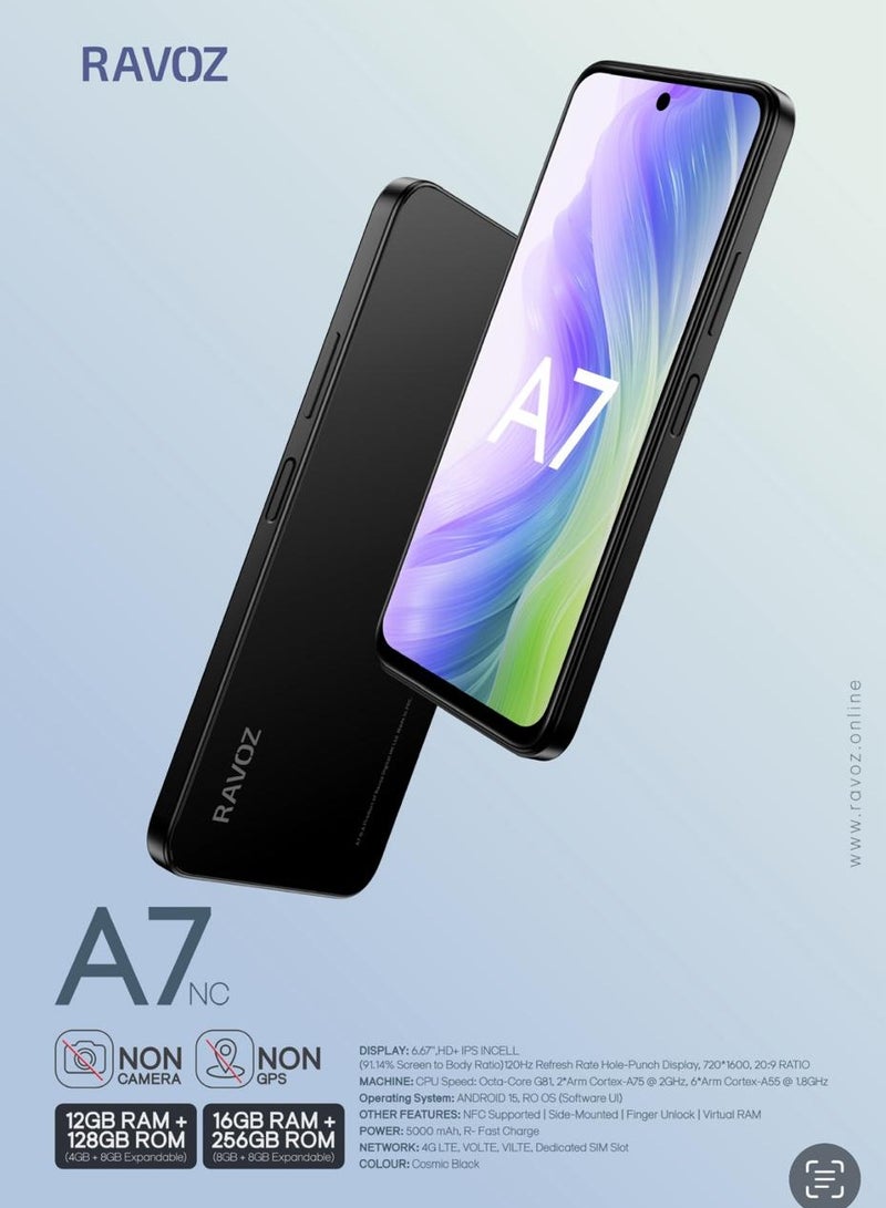 Ravoz A7 Non Camera & Non GPS | 16GB RAM (8GB + 8GB Expandable) 256GB ROM | 5000mAh Battery | Black - Image 2