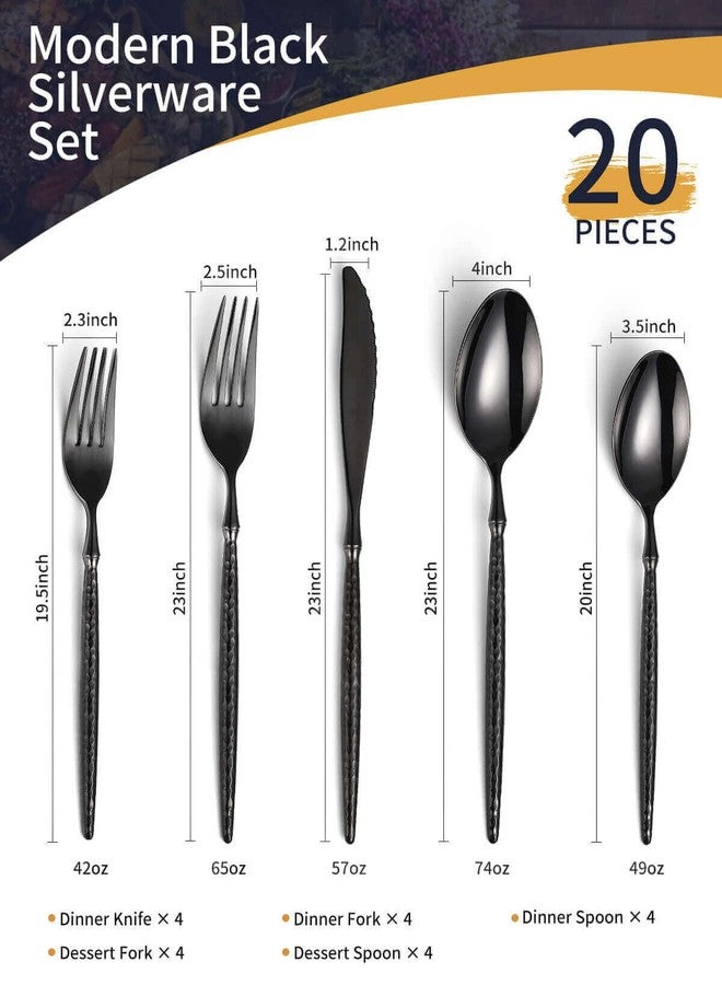 Lemeya 20-Piece Hammered Black Silverware Set,18/10 Stainless Steel Forging Heavy Duty Cutlery Set for 4, Luxury Unique Flatware Set,Spoons and Forks Set,Mirror Polished,Dishwasher Safe - Image 2