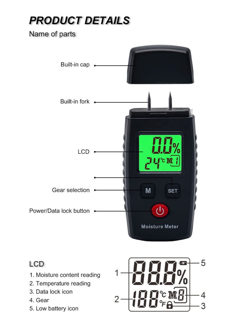 Pocket Wood Moisture Meter Pin Type Water Leak Detector Digital Moisture Tester for Lumber Firewood Walls Drywall Paper Brick Concrete Building Material (Black) - Image 2