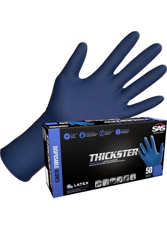 SAS Thickster Powdered Latex Disposable Gloves. Size X-Large. Blue Color, 14 mil Thickness, 12" Length. Fully Textured for Superior Grip. Single Use. Pack of 50. (6604)  - Image 1