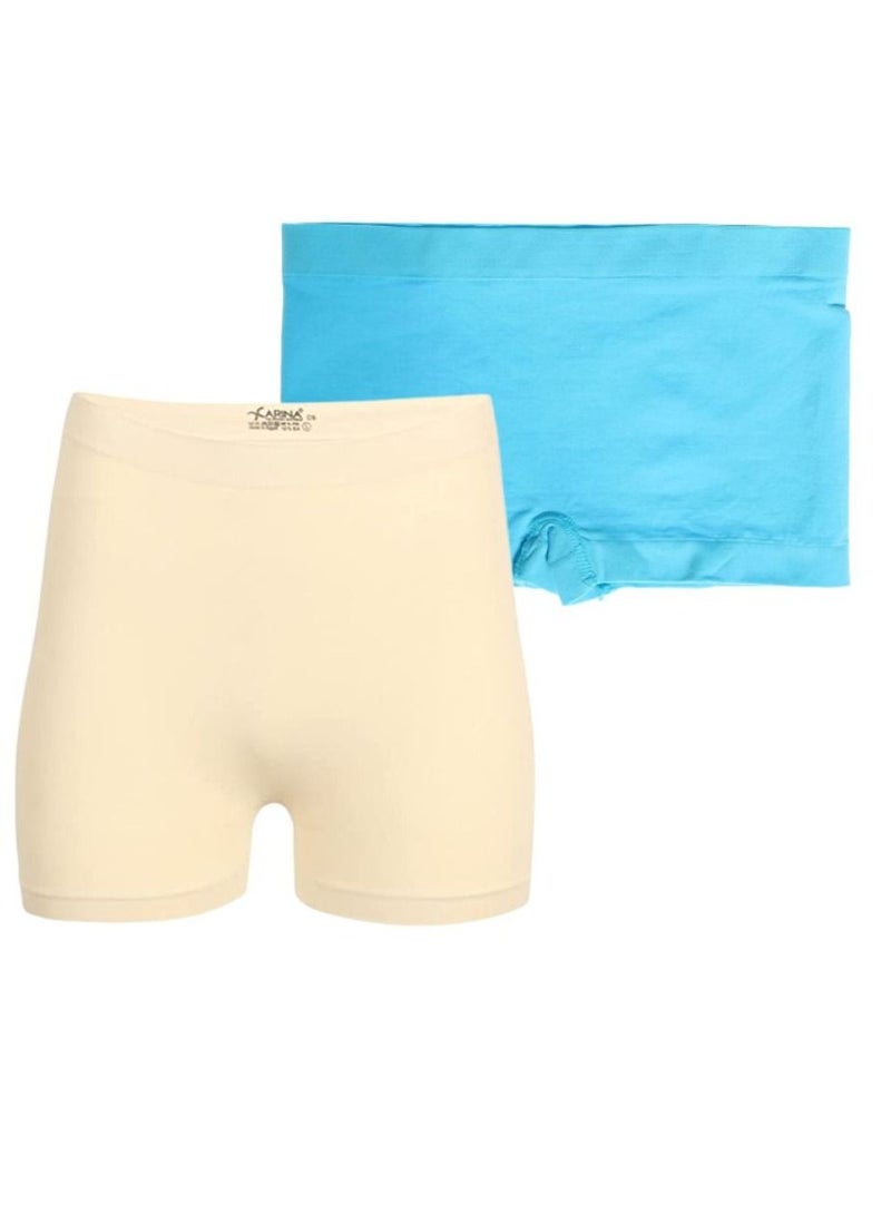 Carina Mini Shorts Lycra Elastic Waist Mid Rise Off White and blue(Set of 2 Pieces) - Image 1