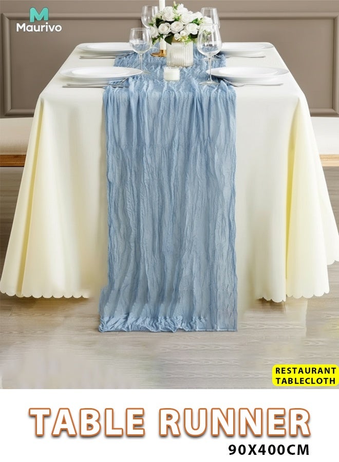 مفرش طاولة بوهيمي من القماش القطني مقاس 90×400 سم، بطول 13 قدمًا، ديكور ريفي أزرق لحفلات الزفاف وحفلات استقبال المولود الجديد وحفلات العطلات (أزرق) - Image 1
