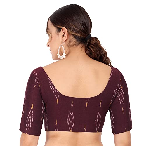 JISB Women's Ikkat Cotton Elbow Length Sleeves Saree Slim Fit Blouse (36, Maroon) - Image 3