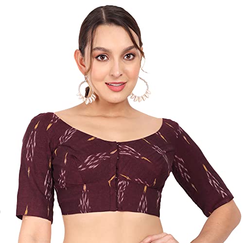 JISB Women's Ikkat Cotton Elbow Length Sleeves Saree Slim Fit Blouse (36, Maroon) - Image 1