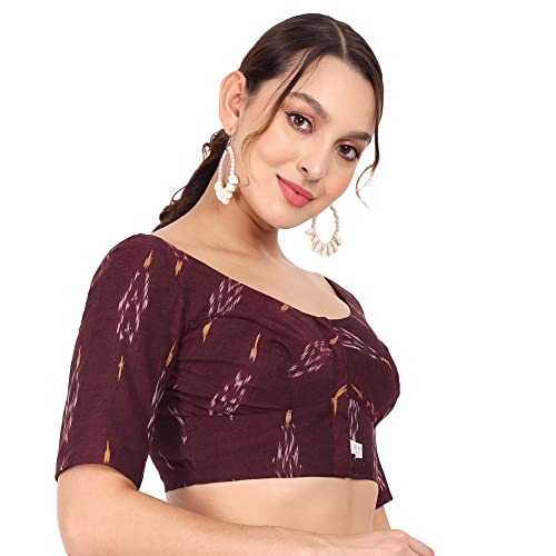 JISB Women's Ikkat Cotton Elbow Length Sleeves Saree Slim Fit Blouse (36, Maroon) - Image 2
