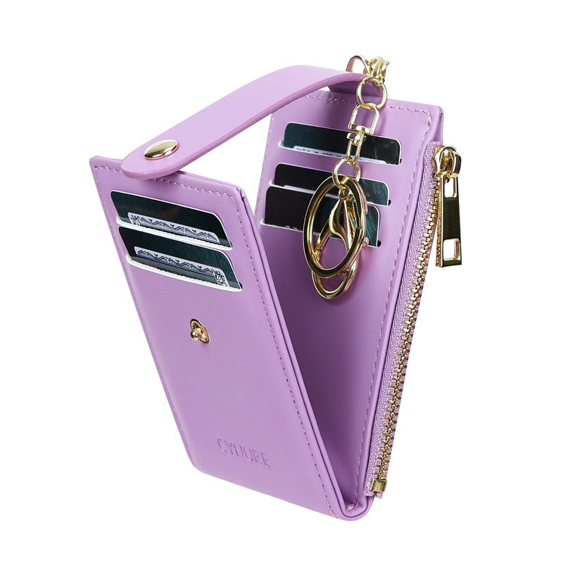 Cynure Women Leather RFID Blocking Card Holder Slim Small Zipper Keychain Front Pocket Wallet with 2 ID Window, 1-plain purple - Image 2