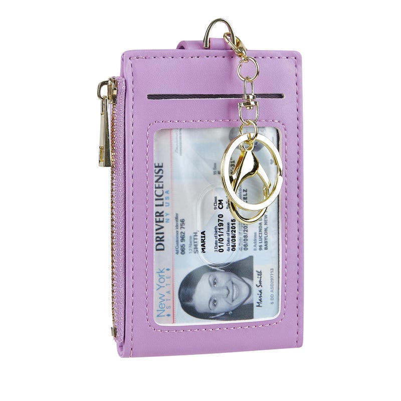 Cynure Women Leather RFID Blocking Card Holder Slim Small Zipper Keychain Front Pocket Wallet with 2 ID Window, 1-plain purple - Image 1