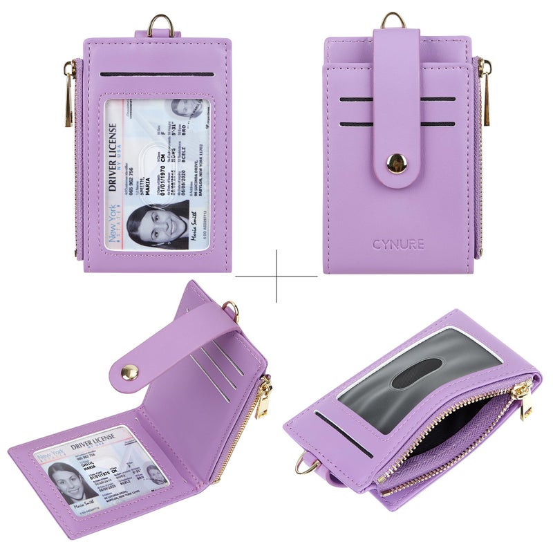 Cynure Women Leather RFID Blocking Card Holder Slim Small Zipper Keychain Front Pocket Wallet with 2 ID Window, 1-plain purple - Image 3