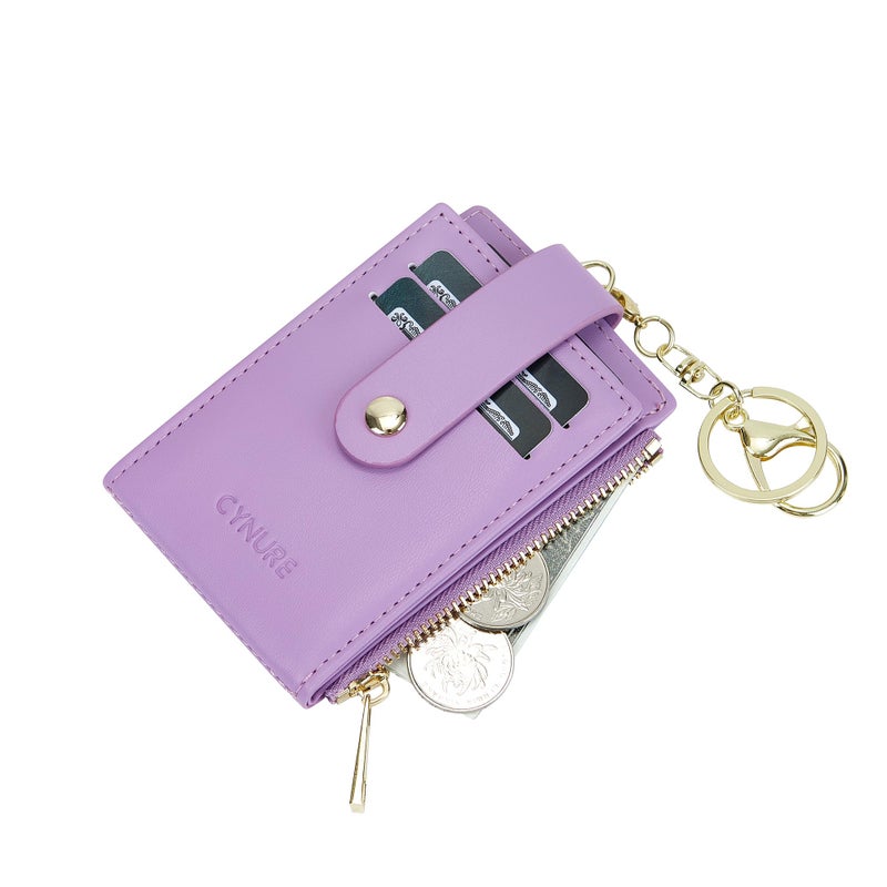 Cynure Women Leather RFID Blocking Card Holder Slim Small Zipper Keychain Front Pocket Wallet with 2 ID Window, 1-plain purple - Image 5