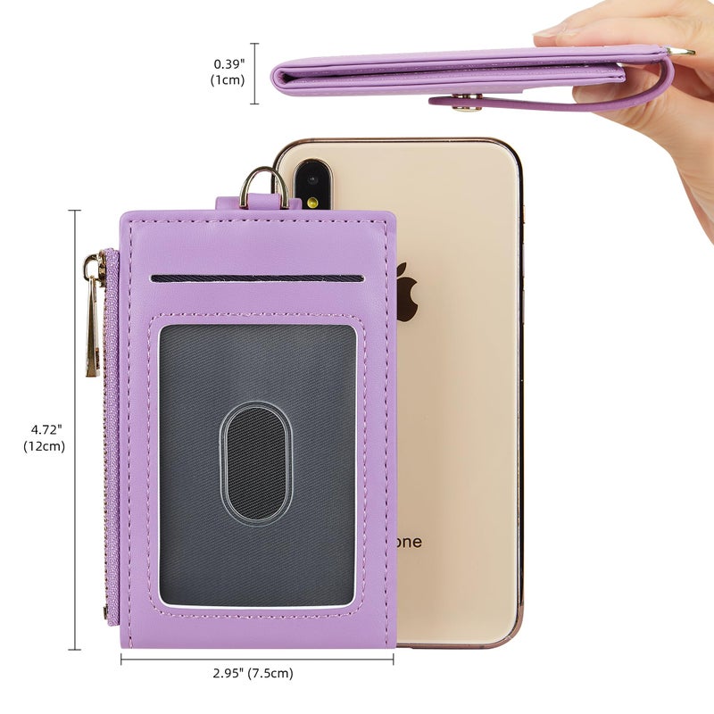 Cynure Women Leather RFID Blocking Card Holder Slim Small Zipper Keychain Front Pocket Wallet with 2 ID Window, 1-plain purple - Image 4