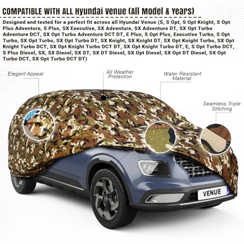 Pivalo Car Body Cover for Hyundai Venue All Model & Years (2019-2026) 100% Waterproof with Mirror Pockets, Triple Stitched Dustproof Heat Resistant UV Protection (Military/Jungle/Camouflage) - Image 2