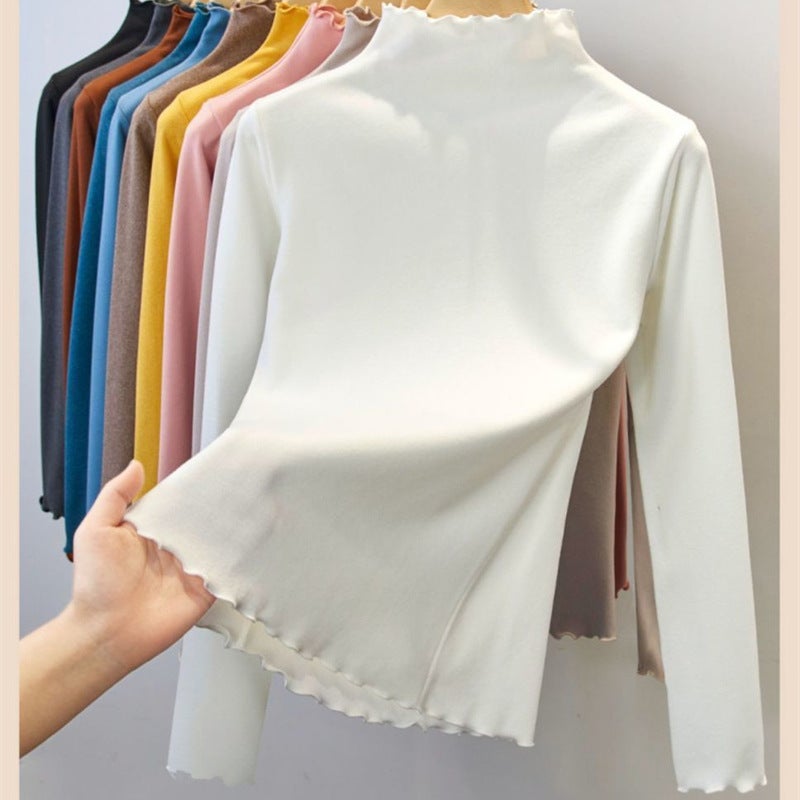 Long-Sleeved Top Women'S Fleece Warm Inner Base Shirt With Wood-Ear Edge Semi-High Collar Design Sense Ins All-Match T-Shirt - Image 1