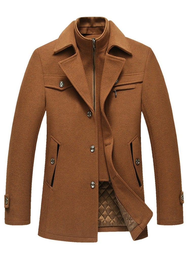 Loquat Men's Double Collar With Detachable Inner Collar Coat Regular Fit Winter Thick Trench Jacket Camel  - Image 1