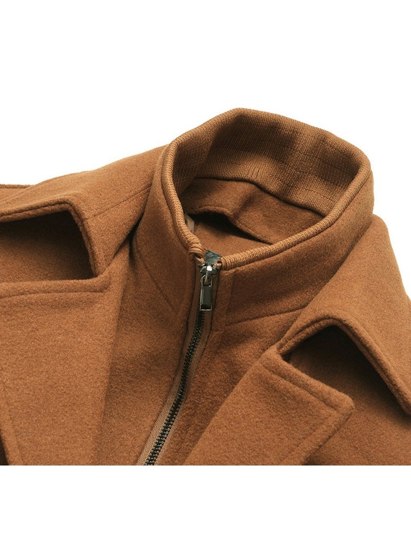 Loquat Men's Double Collar With Detachable Inner Collar Coat Regular Fit Winter Thick Trench Jacket Camel  - Image 4