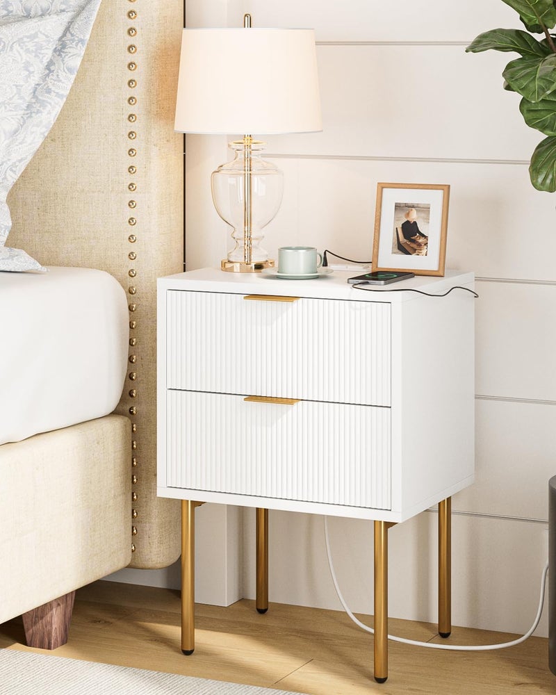 Masupu Nightstand with Charging StationMidCentury Modern Bedside Table with 2 Storage DrawerSmall Gold Frame Side End Table for BedroomLiving Room White