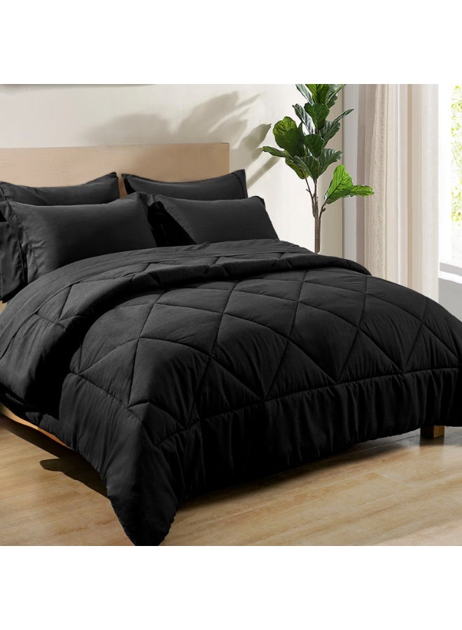 PHF طقم لحاف ملكي مكون من 7 قطع باللون الأسود، سرير في حقيبة وطقم ملاءات 18 بوصة لجميع الفصول، أغطية سرير فائقة النعومة وصامتة مع لحاف وملاءات وأغطية وسائد ووسائد مزخرفة - Image 1