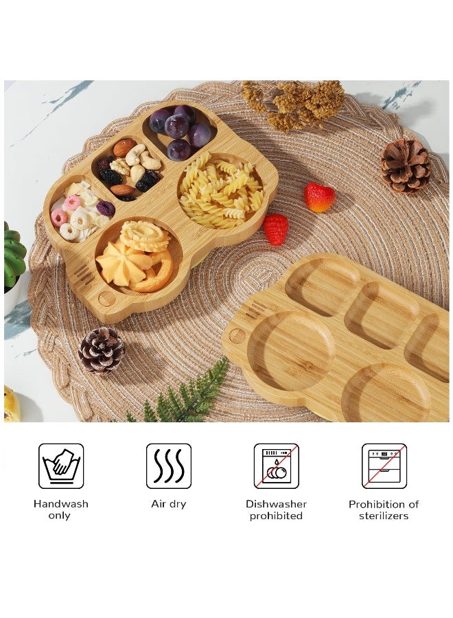 طقم صحون للأطفاال من الخيزران مع ملعقة وشوكة، صحن مقسم بتصميم سيارة، خالي من BPA، لون أصفر للأطفال - Image 5