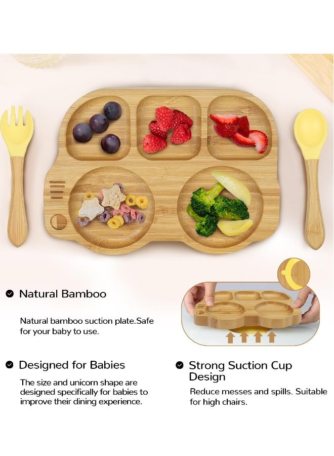طقم صحون للأطفاال من الخيزران مع ملعقة وشوكة، صحن مقسم بتصميم سيارة، خالي من BPA، لون أصفر للأطفال - Image 3