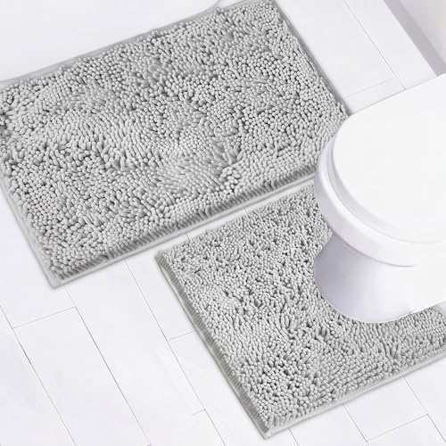 AINAHYVA Bathroom Rugs Chenille Bath mat 2 Piece Set Super Absorbent Strong PVC Non Slip Backing Bath mats for Bathroom Plush Shaggy Thick Machine Washable Bathtub ToiletLight Grey - Image 1