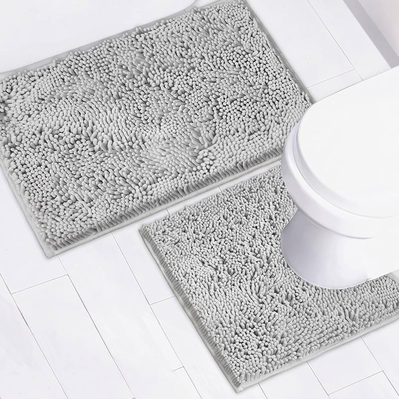 AINAHYVA Bathroom Rugs Chenille Bath mat 2 Piece Set Super Absorbent Strong PVC Non Slip Backing Bath mats for Bathroom Plush Shaggy Thick Machine Washable Bathtub ToiletLight Grey - Image 2