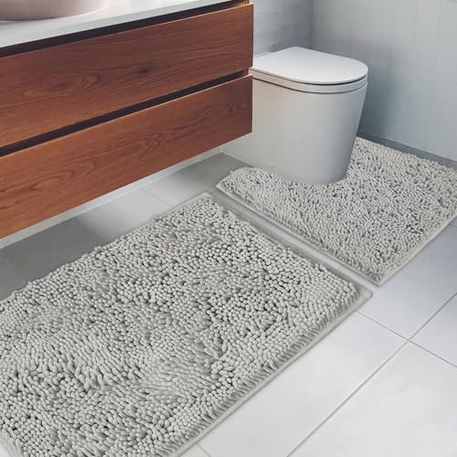 AINAHYVA Bathroom Rugs Chenille Bath mat 2 Piece Set Super Absorbent Strong PVC Non Slip Backing Bath mats for Bathroom Plush Shaggy Thick Machine Washable Bathtub ToiletLight Grey - Image 3