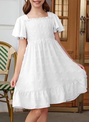 blibean Tween Girls Summer Dress Teen Girl Chiffon Flower Boho Dresses Big Kids Flutter Short Sleeve Cute Clothes School Polka Dots Vestidos Niñas Size 10-11 Years Old White - Image 2