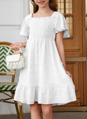 blibean Tween Girls Summer Dress Teen Girl Chiffon Flower Boho Dresses Big Kids Flutter Short Sleeve Cute Clothes School Polka Dots Vestidos Niñas Size 10-11 Years Old White - Image 4