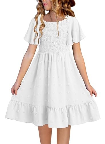 blibean Tween Girls Summer Dress Teen Girl Chiffon Flower Boho Dresses Big Kids Flutter Short Sleeve Cute Clothes School Polka Dots Vestidos Niñas Size 10-11 Years Old White - Image 1