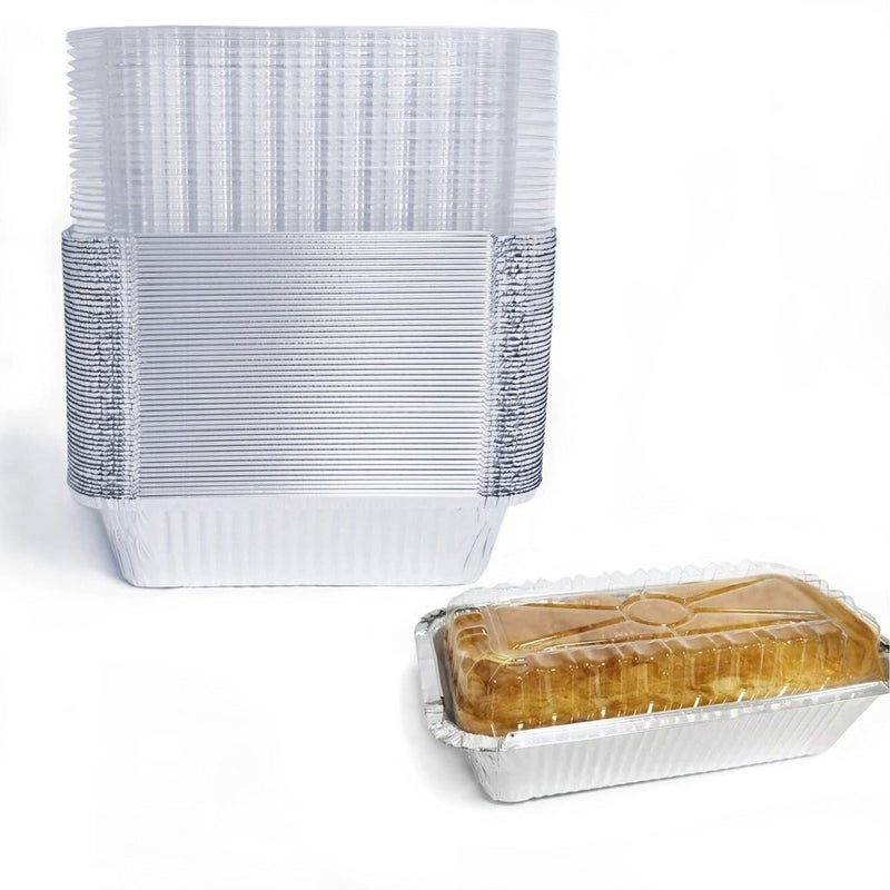 BBQMFG Disposable Loaf Pan with Lid for Baking  15 Lb Disposable Bread Pans  Meatloaf Pans  50 Aluminum Foil Pans and 50 Clear Lids  Perfect for Baking Cakes Bread Meatloaf