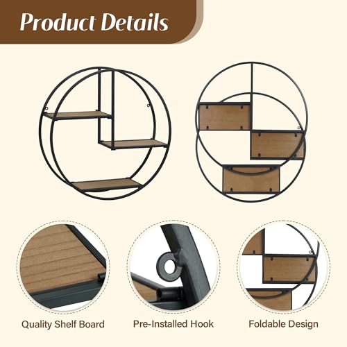 Synovana Industrial Style Round Wall Shelves 3 Tier Metal Hanging Circle Floating Shelves for Bathroom Living Room Wall Decor 21 Inch - Image 3