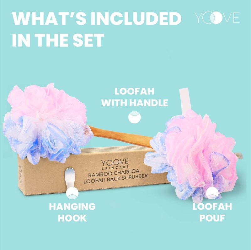 Yoove Loofah Back Scrubber wBamboo Charcoal Fiber Infused Bath Sponge Wooden Handle Luffa Pouf Sponge Stick Hanging Hook for Men Women Pink Loofah wHandle Loofa Lufa Body Scrubber Stick - Image 3